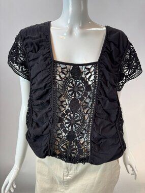 Free People Womens Black Crochet Lace Top Lg Cotton Blend Short Sleeve Bohemian